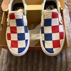 Vans Kids Slip-On Sneakers - Red, Blue, and White Checkerboard